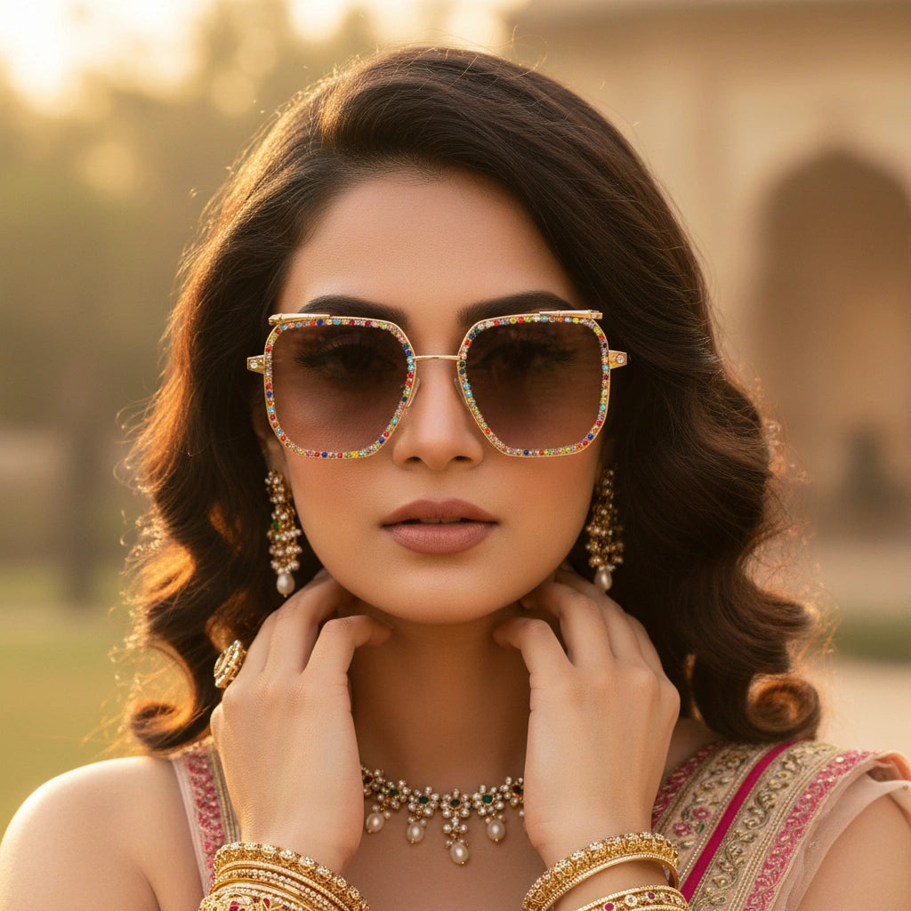 Luxury Crystal Studded Square Sunglasses for Women ELS3036