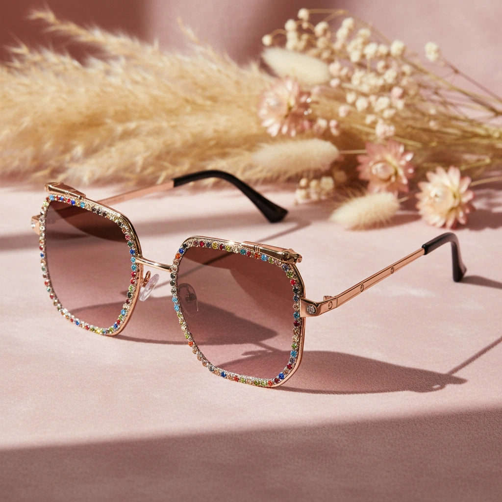 Luxury Crystal Studded Square Sunglasses for Women ELS3036