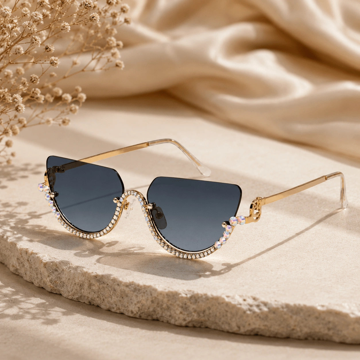 Luxury Rimless Cateye Sunglasses for Women ELS2026S021-BLK-Gold