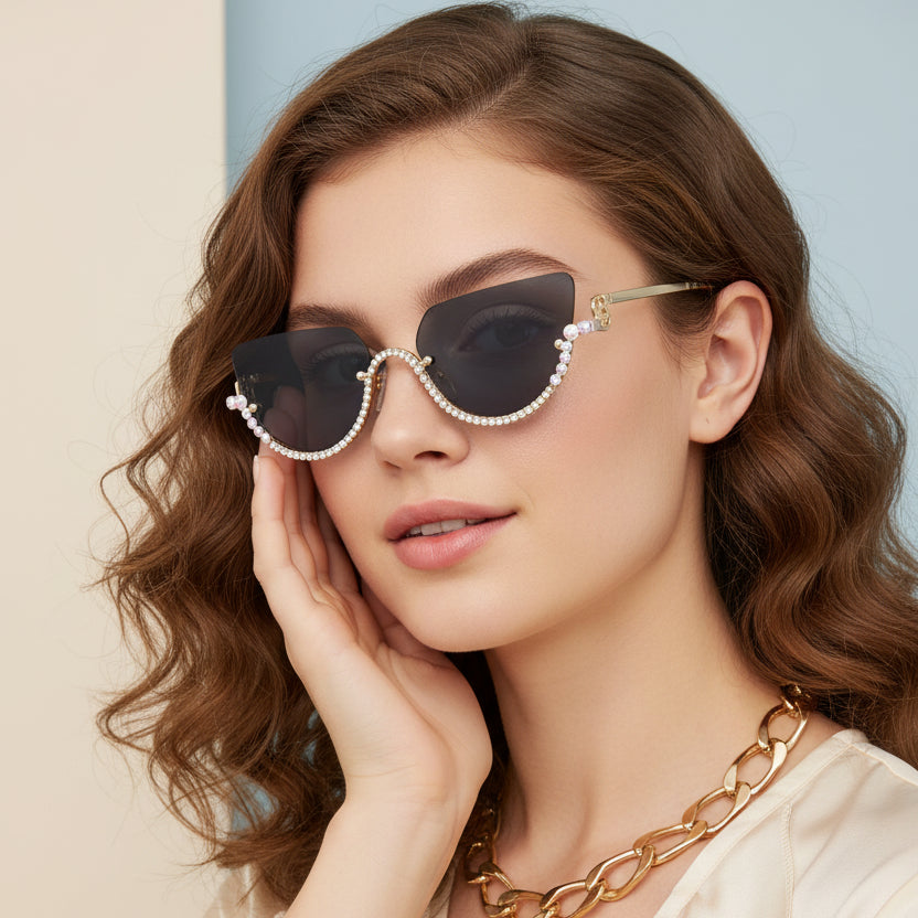 Luxury Rimless Cateye Sunglasses for Women ELS2026S021-BLK-Gold
