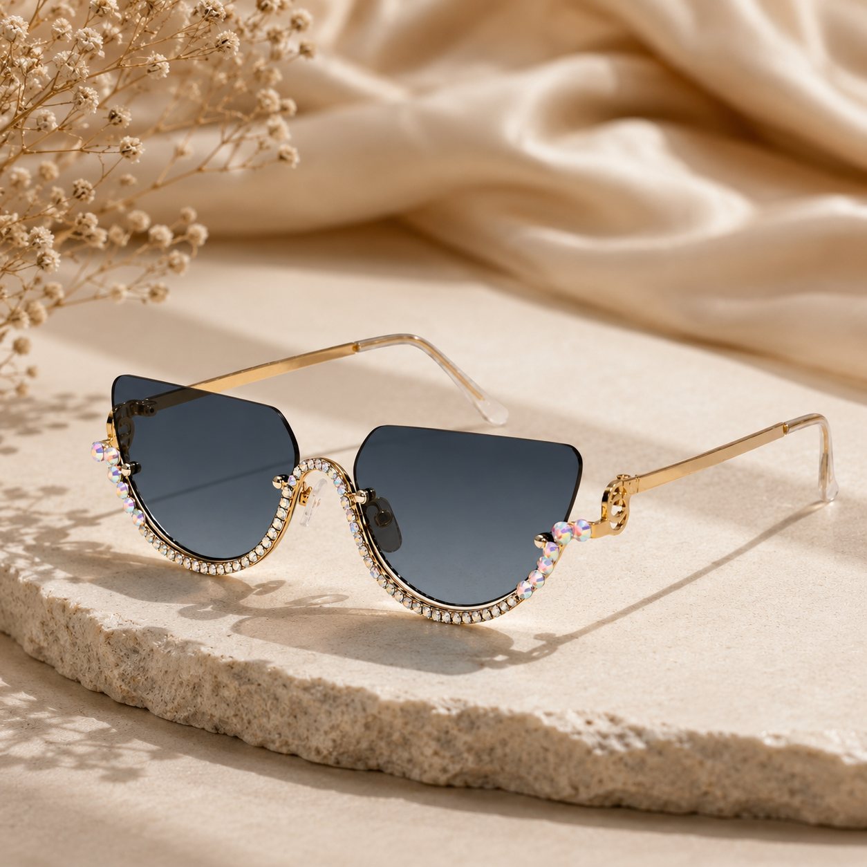 Luxury Rimless Cateye Sunglasses for Women ELS2026S021-BLK-Gold