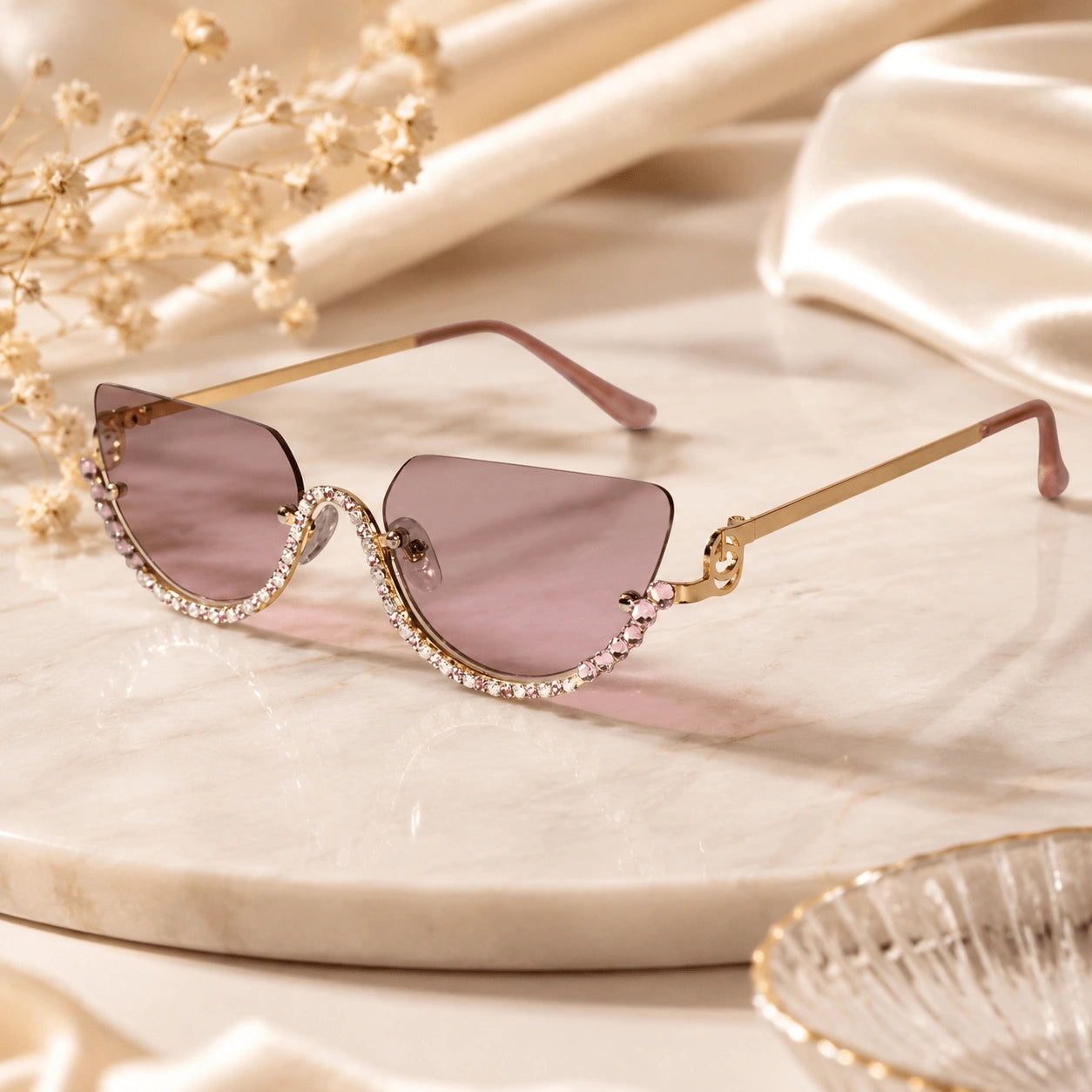 Luxury Rimless Cateye Sunglasses for Women ELS2026S021-Golden-Pink