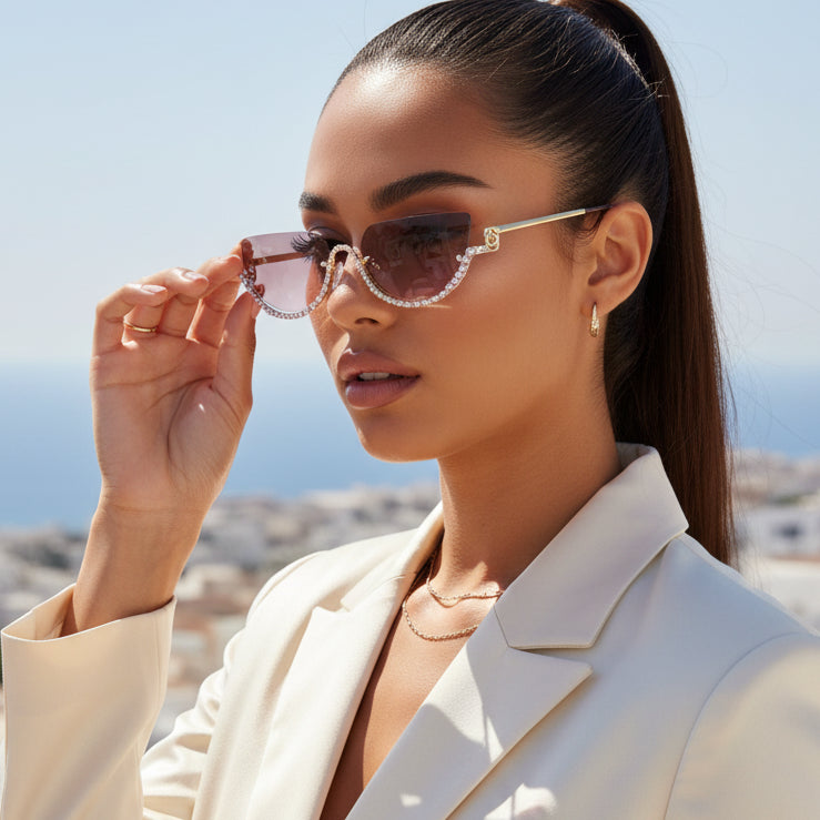 Luxury Rimless Cateye Sunglasses for Women ELS2026S021-Golden-Pink