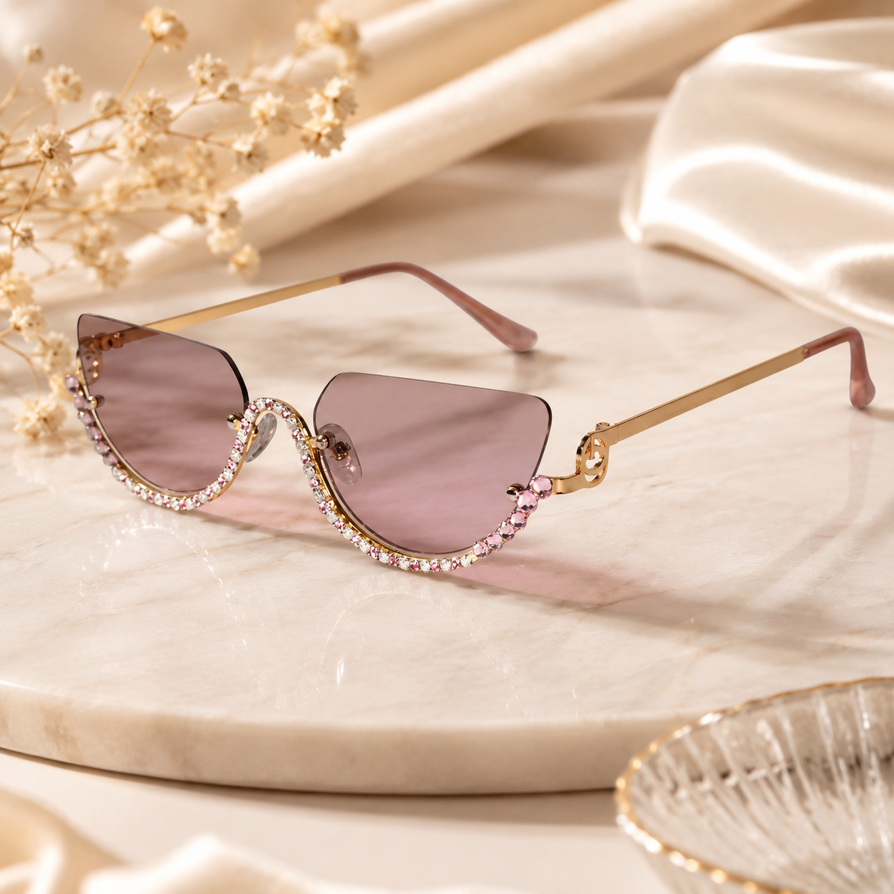 Luxury Rimless Cateye Sunglasses for Women ELS2026S021-Golden-Pink