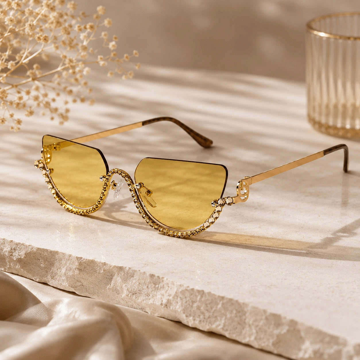 Luxury Rimless Cateye Sunglasses for Women ELS2026S021-Golden-Yellow