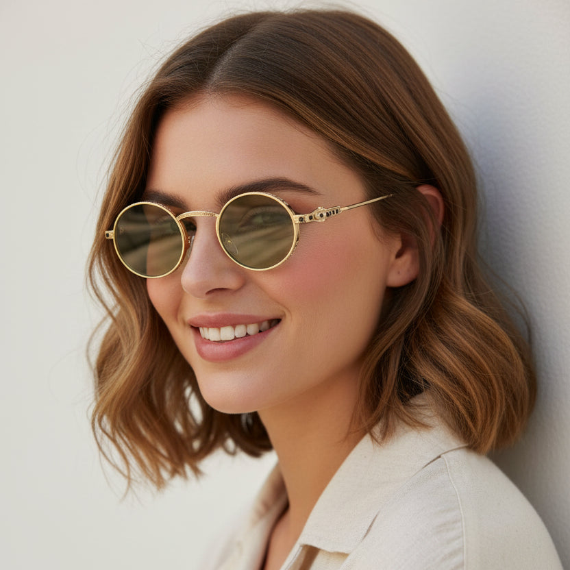 Luxury Round Metal Frame Sunglasses for Women ELS2026S04-GLD-GRN