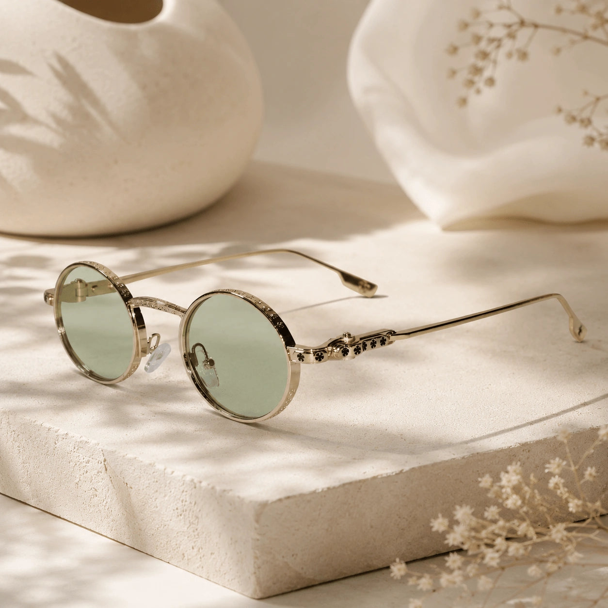 Luxury Round Metal Frame Sunglasses for Women ELS2026S04-GLD-GRN