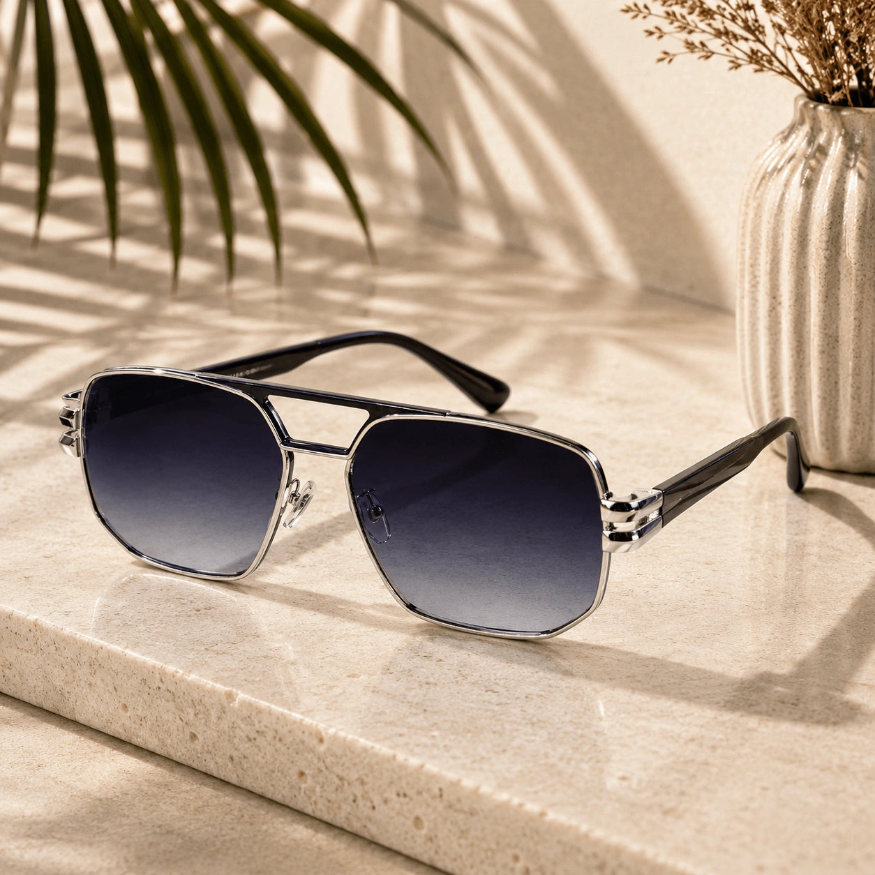 Luxury Silver Rectangular Sunglasses for Men LKS2708-SLVR