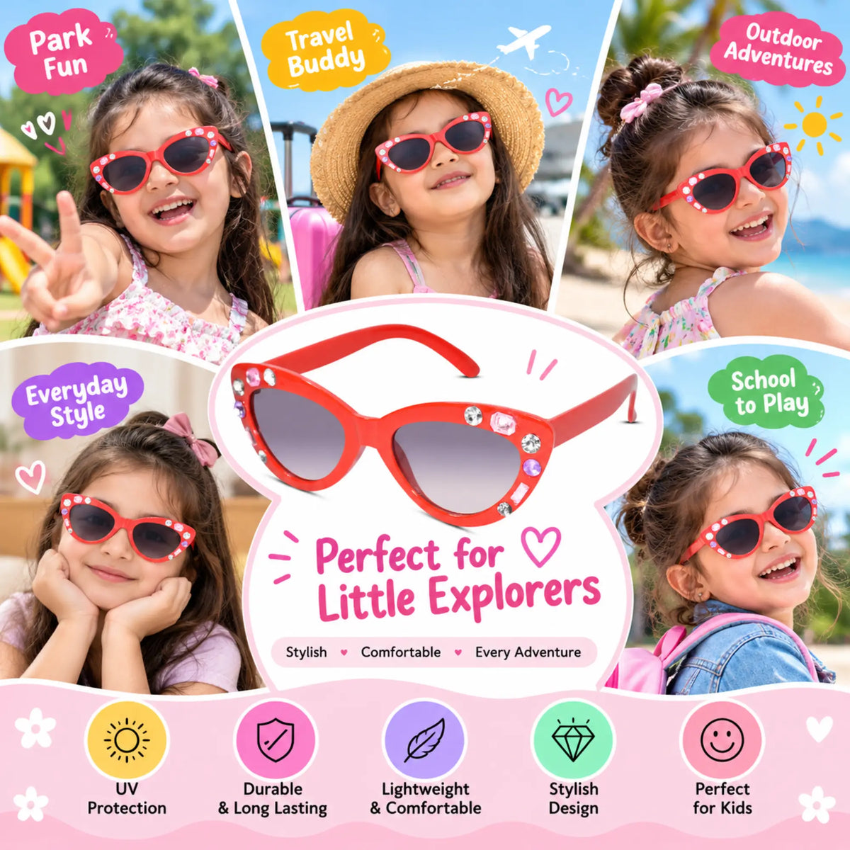 LensKandy Kids Red Cateye Sunglasses for Girls UV Protection LKK2601-RED