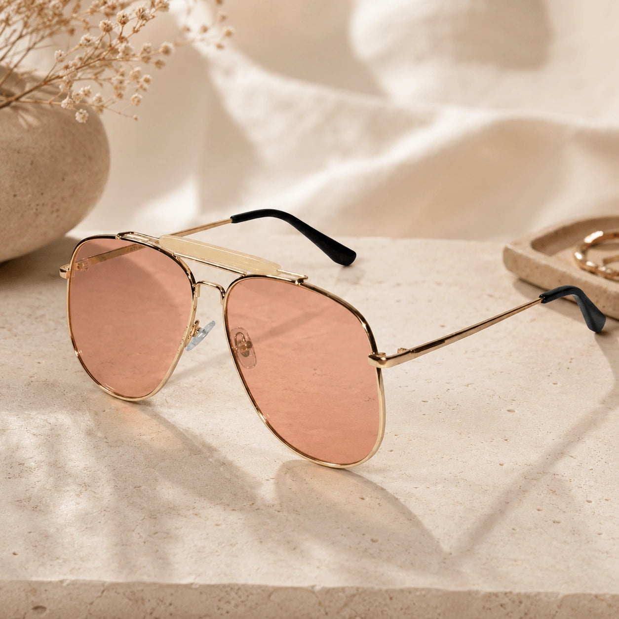 Oversize Golden Avaitor Brown Tint Sunglasses For Men & Women LKS3548-GOLD