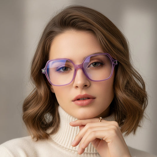 Front view of purple square eyeglasses for women stylish glasses frames for ladies with bold and trendy design
