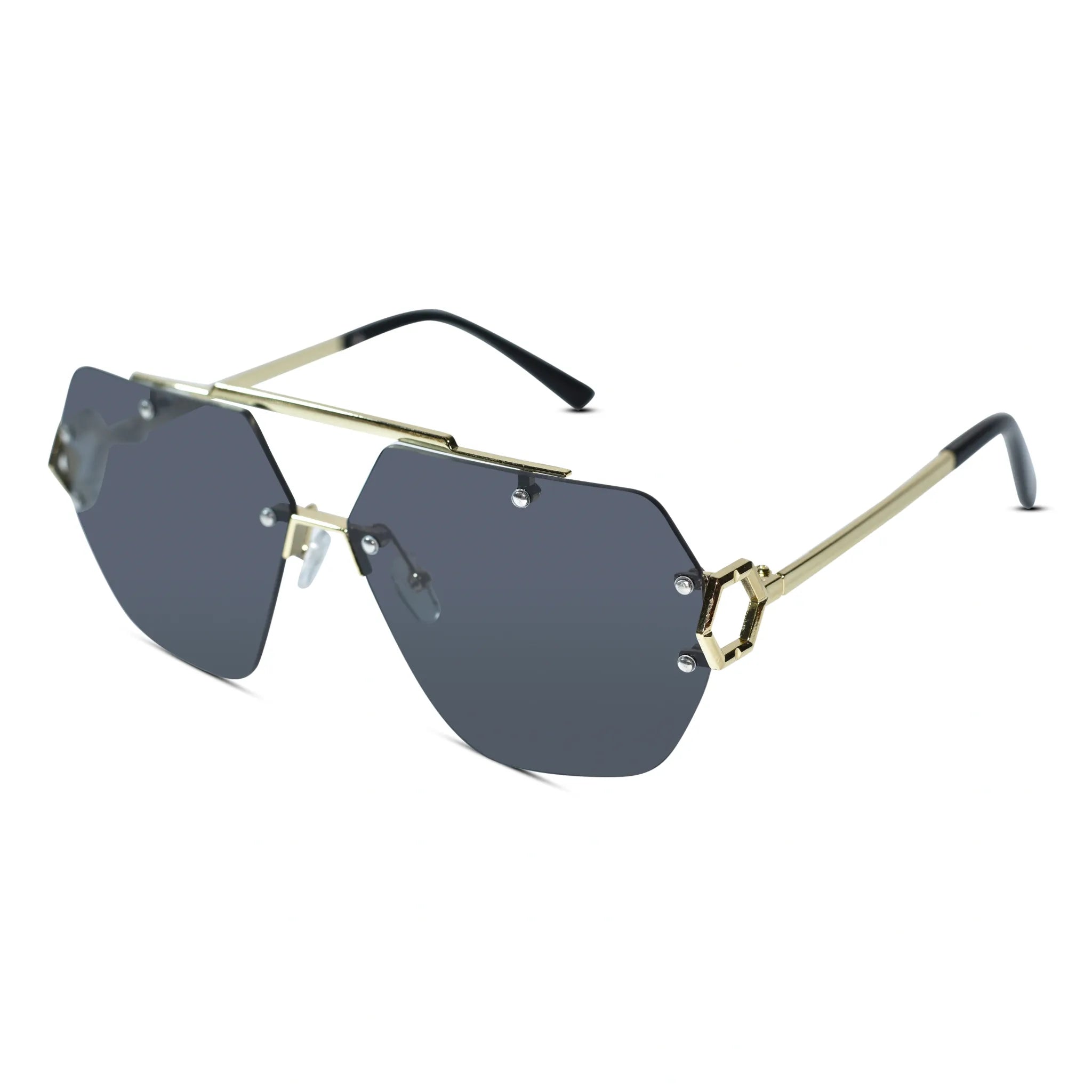 Aviator sunglasses with dark lenses and metal frame on a white background