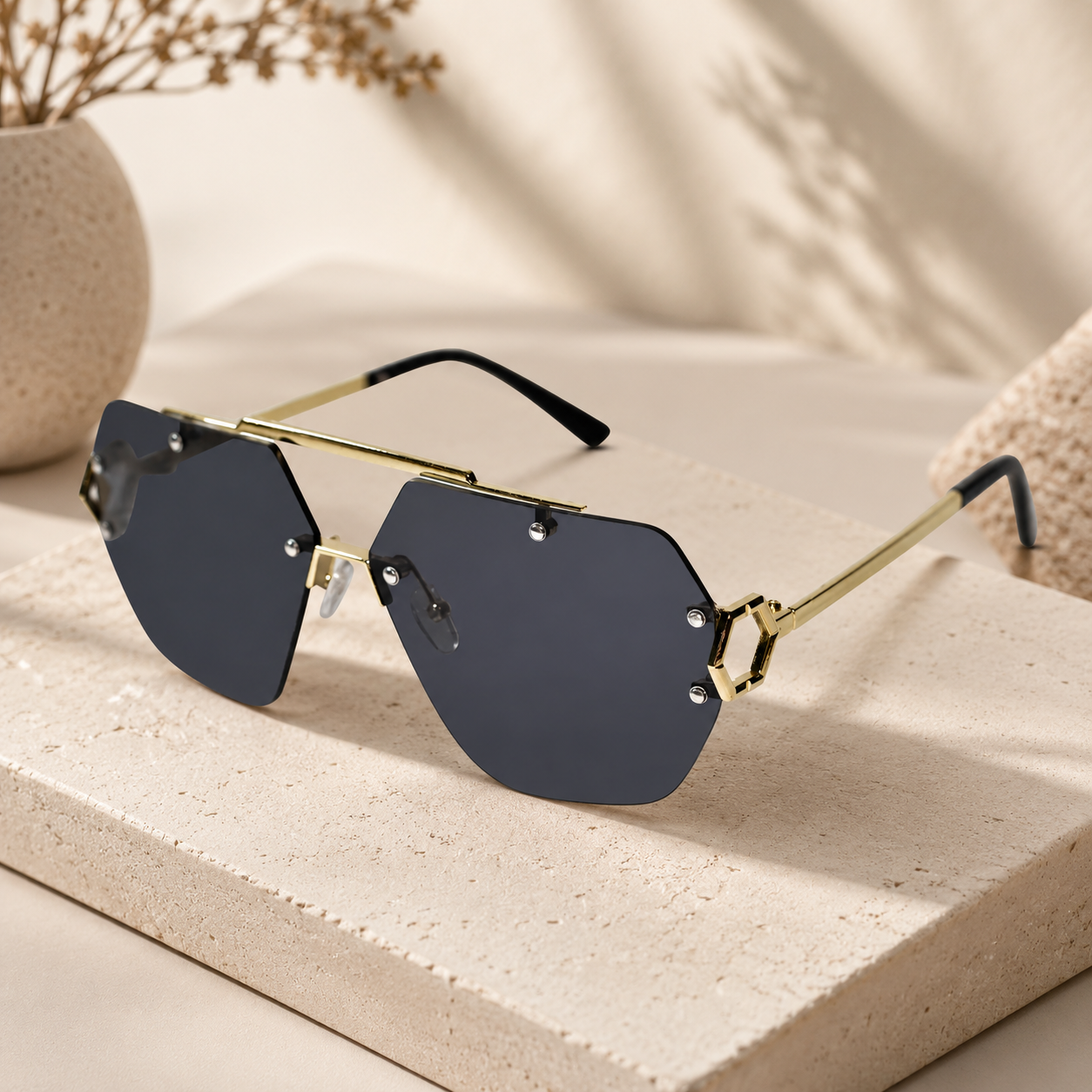 Oversize Rimless Avaitors Sunglasses For Men & Women ELS2026S024-BLK