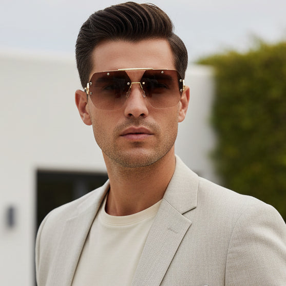 Oversize Rimless Avaitors Sunglasses For Men & Women ELS2026S024-BRN