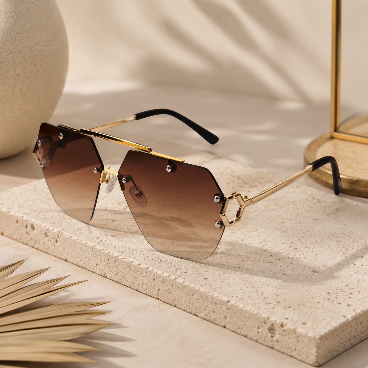 Oversize Rimless Avaitors Sunglasses For Men & Women ELS2026S024-BRN