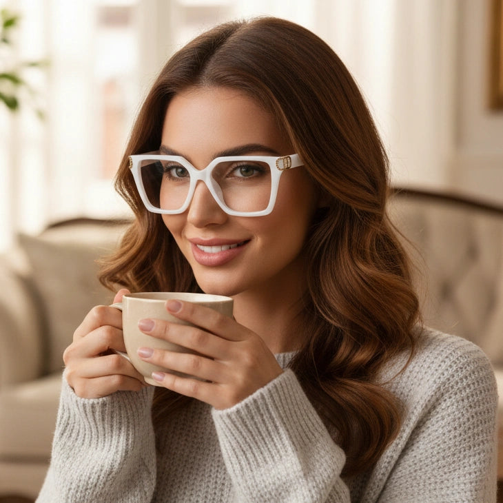 Oversize White Designer Square Eyeglasses For Women LKE23044-WHT