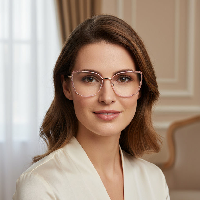 Click Orchid pink rimless cat eye glasses for women with sparkly temples; elegant stylish eyewear perfect for computer use.