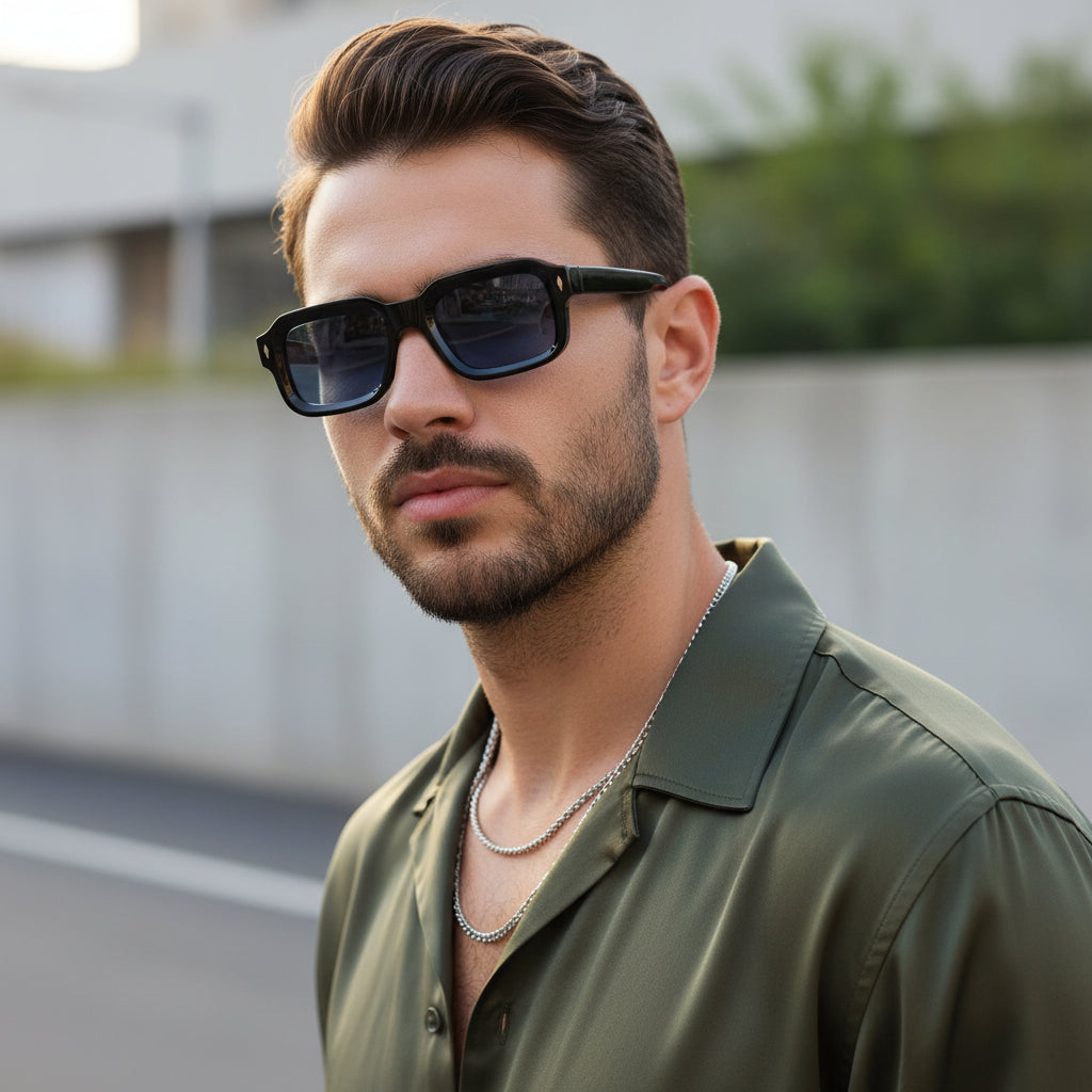 Premium Black Rectangular Blue Lens Sunglasses for Men ELSZ8302-BLK