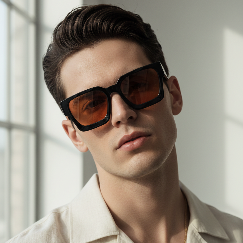 Premium Black Square Orange Lens Sunglasses for Men ELSZ3502-ORNG