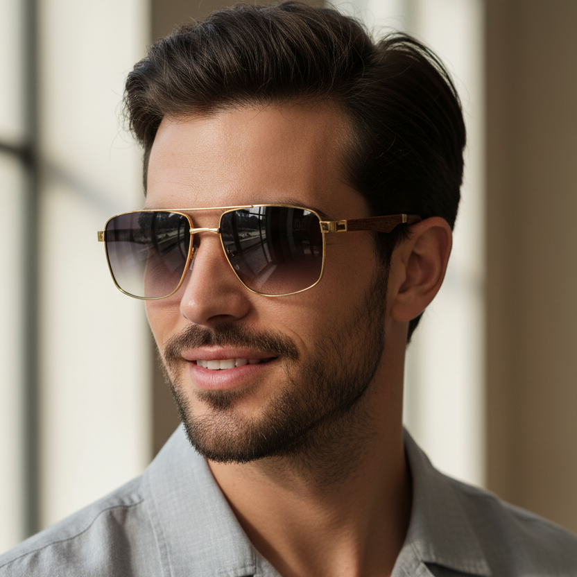Premium Golden Rectangular Sunglasses for Men LKS2648-GLD