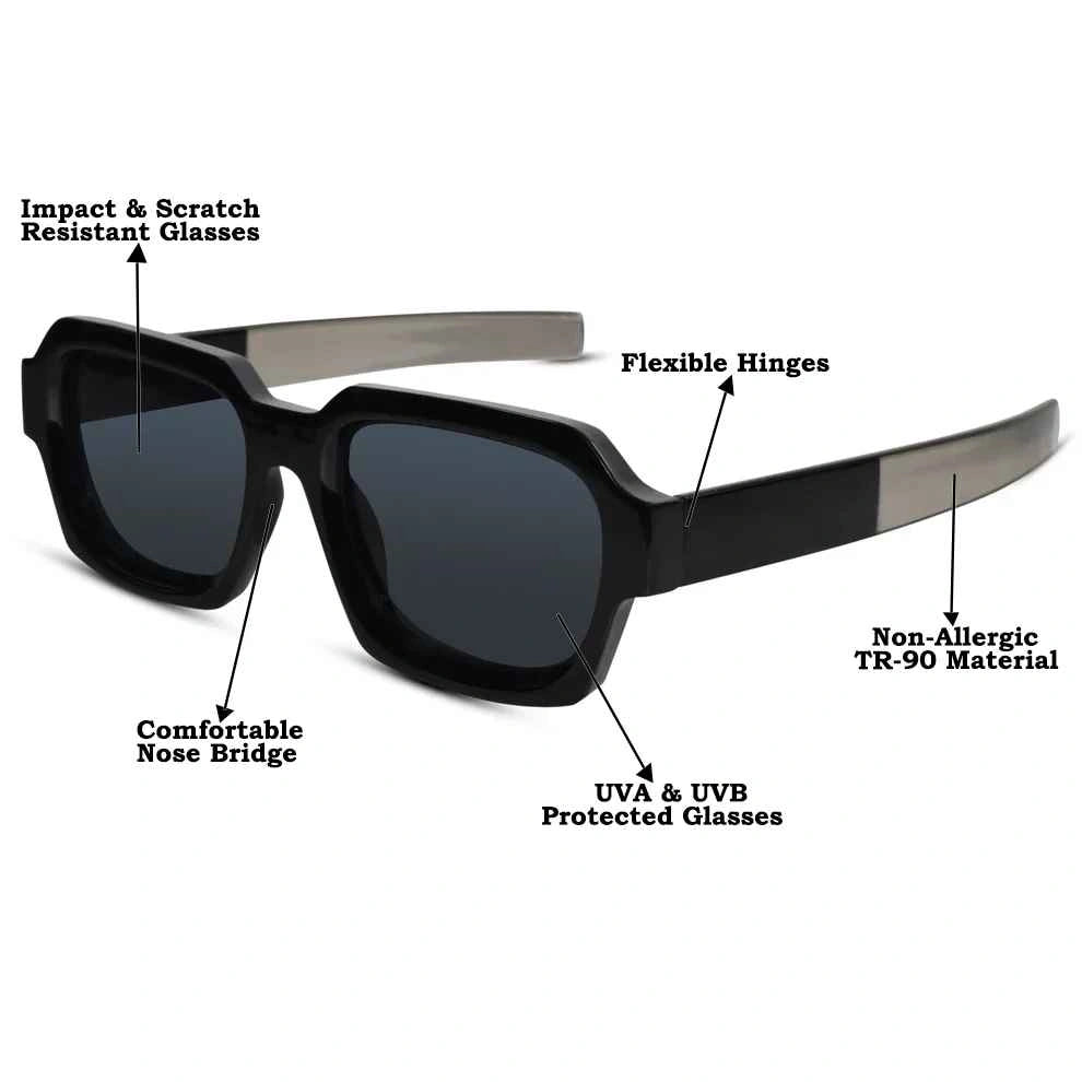 RETRO Dark Black Square Sunglasses For Men & Women LKS2903-GRY