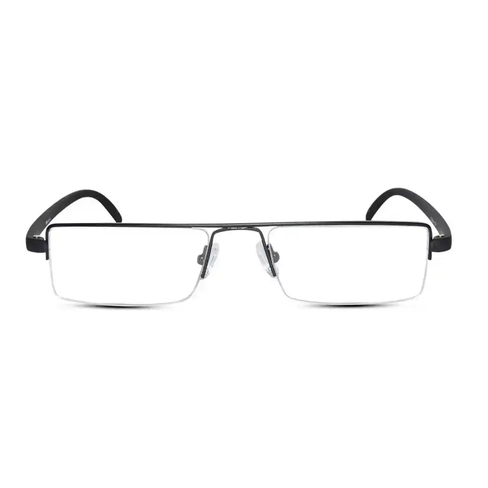 Front clear view of power reading glasses with blue film anti-radiation lenses for eye comfort. Showing the clear lenses and modern design.