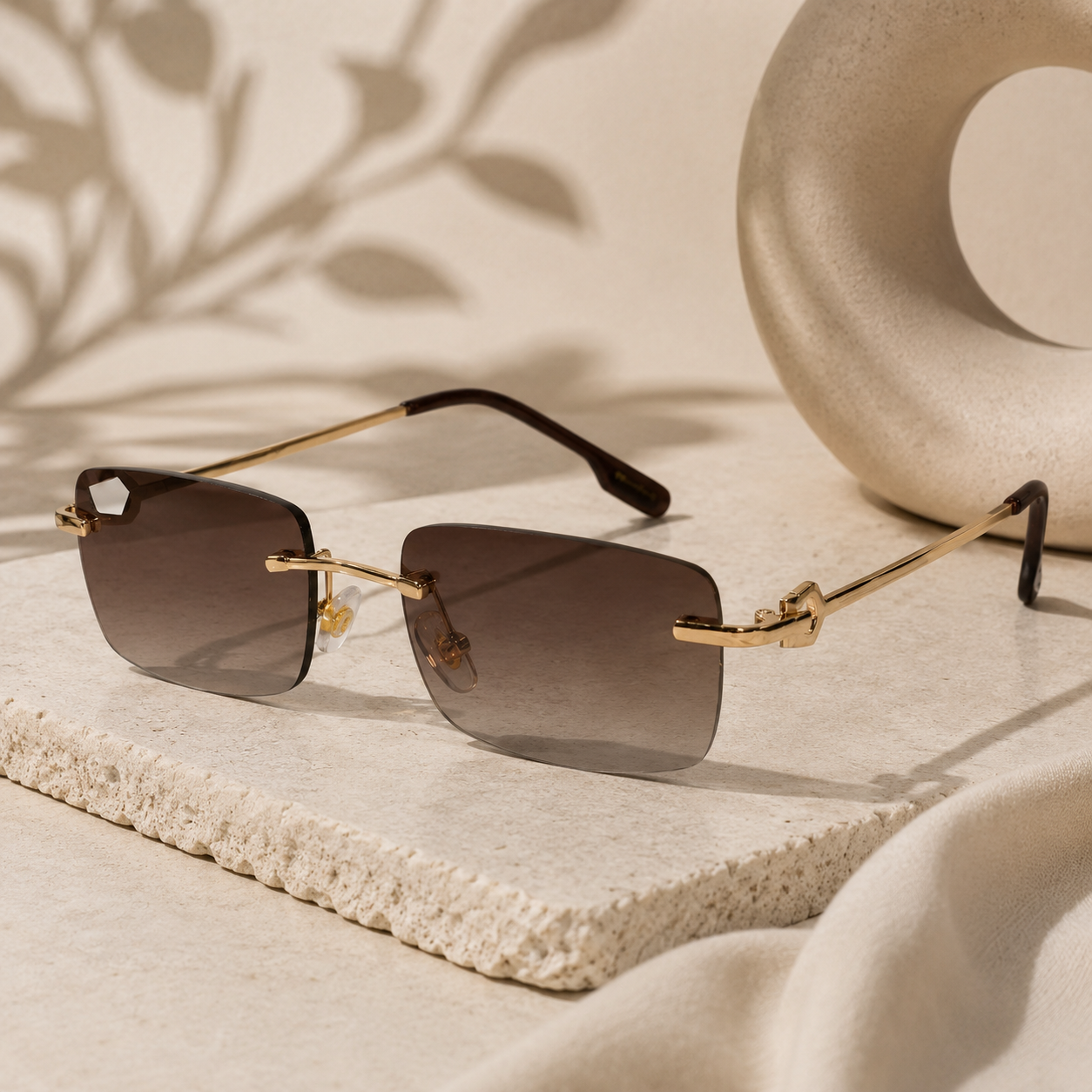 Rectangular Brown Rimless Sunglasses For Men & Women ELS66041-BRN