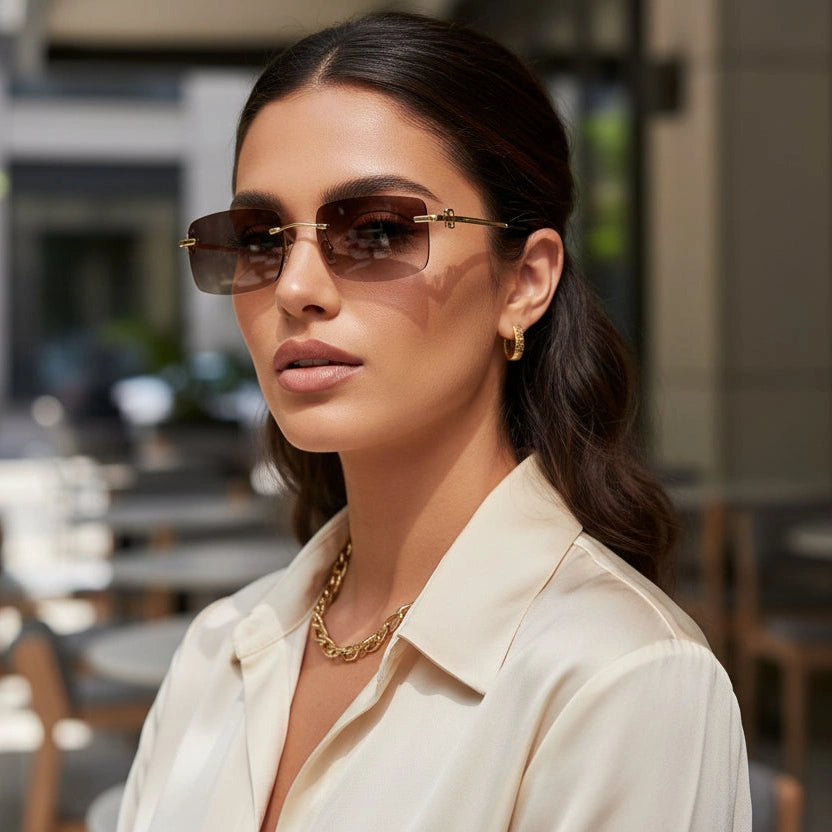 Rectangular Brown Rimless Sunglasses For Men & Women ELS66041-BRN
