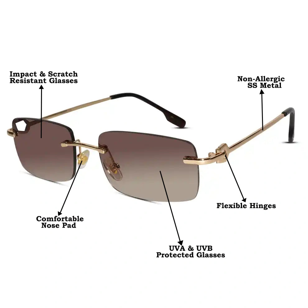 Rectangular Brown Rimless Sunglasses For Men & Women ELS66041-BRN
