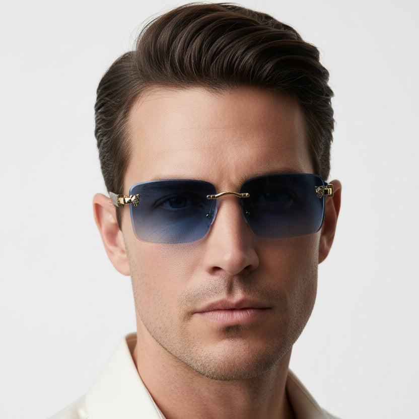 Rimless Blue Rectangle Sunglasses for Men ELS2026S029-BLU