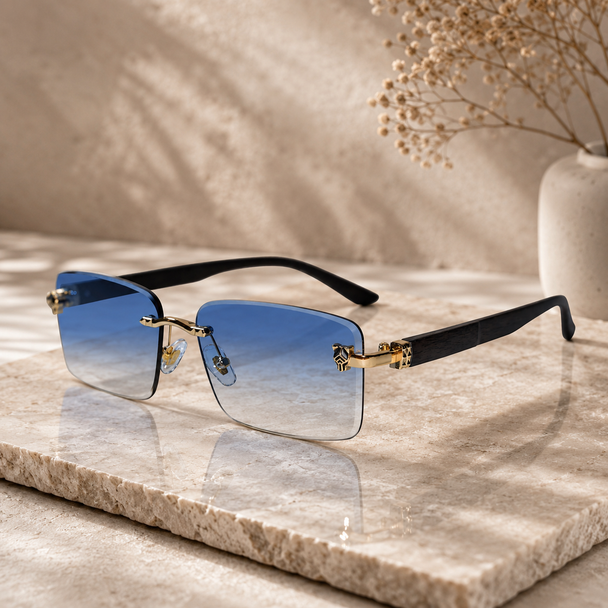 Rimless Blue Rectangle Sunglasses for Men ELS2026S029-BLU