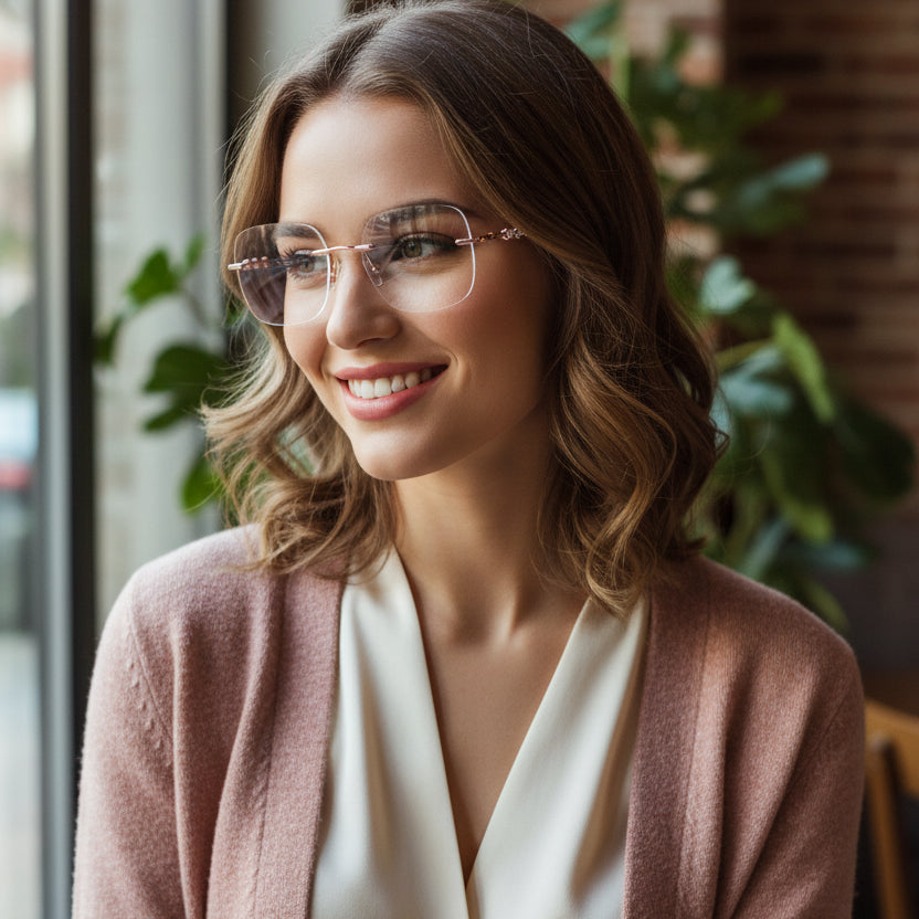 Get Trendy Designer Jewel Rose Gold Oversize Women Square Eyeglasses Rimless. Blue light blocking computer eyewear.