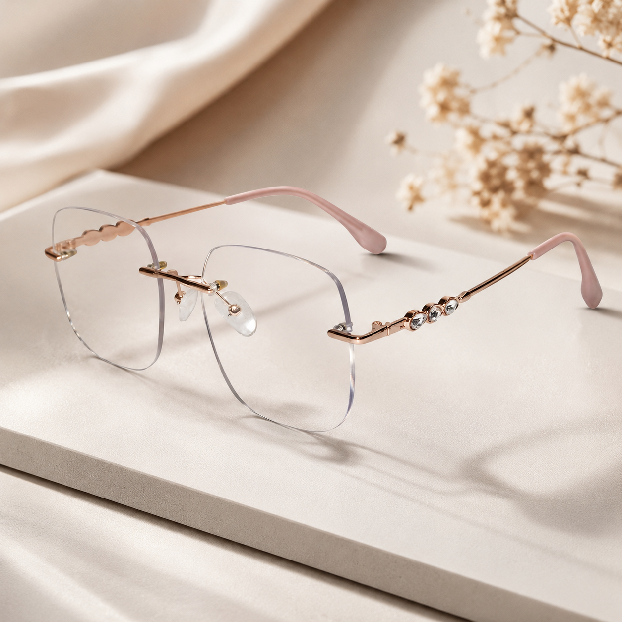 Rose Gold Jewel Designer Oversize Square Rimless Eyeglasses For Women ELE21088-PNK