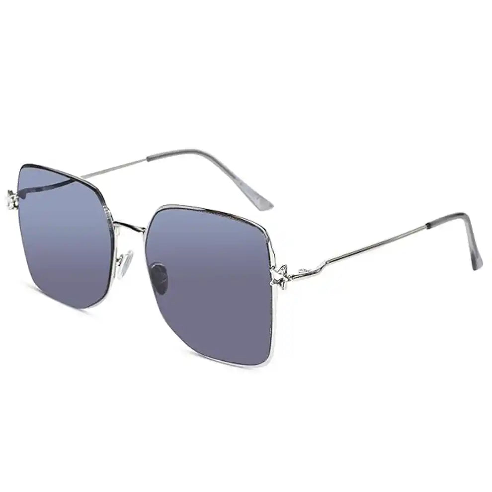 Luxury silver metal sleek square sunglasses featuring German hinges and 100% UV protected for outdoor wear impact resistant dark lenses.