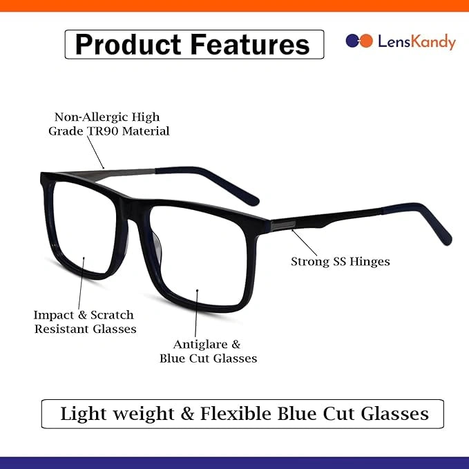 Shiny Black Acetate Rectangular Blue Cut Computer Glasses For Men & Women LKE921016-BLK