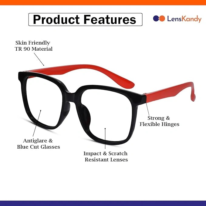 Silicon Red-Black Square Oversize Eyeglasses For 6-10 Yrs LKE1034-BLK