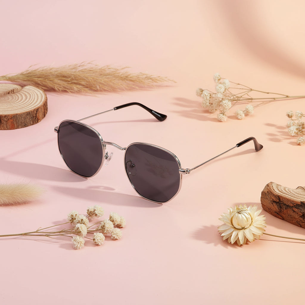 Sleek Silver hexagonal Sunglasses For Men & Women LKS3702-SILVER