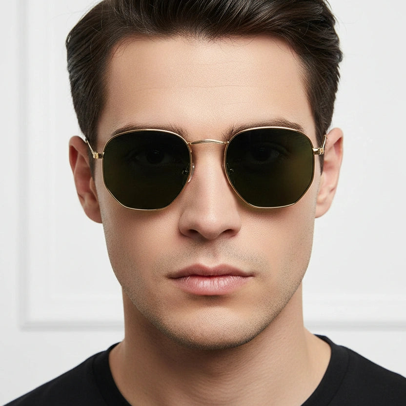 Sleek Golden hexagonal Sunglasses For Men & Women LKS3702-Golden