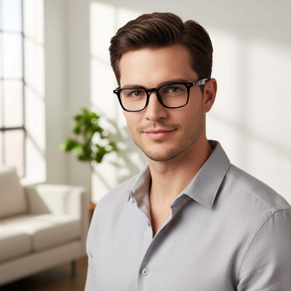 Smart Black Wayfarer Square Eyeglasses for Men – bold square frame showing hinge design and matte black for office and casual wear