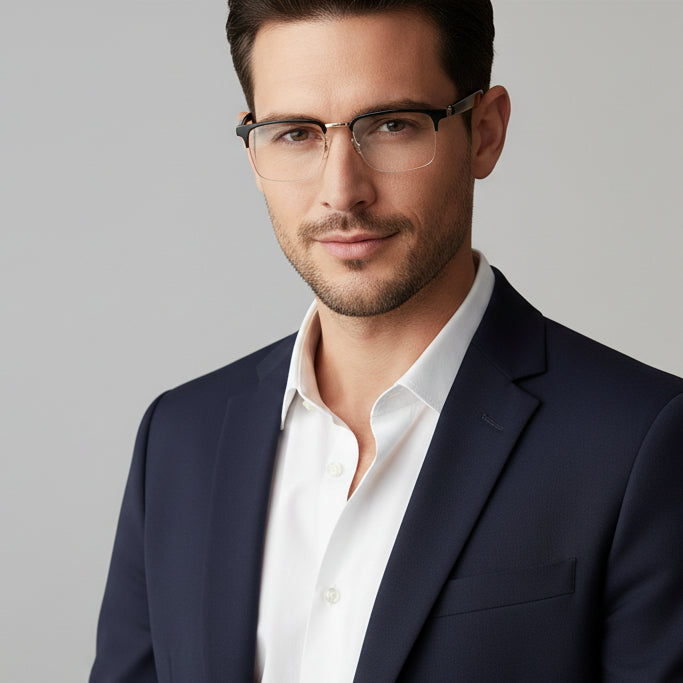 Smart Half Frame Black-Gold Eyeglasses for men. Check eyeglasses online for stylish frames. Gives you an aesthetic look.