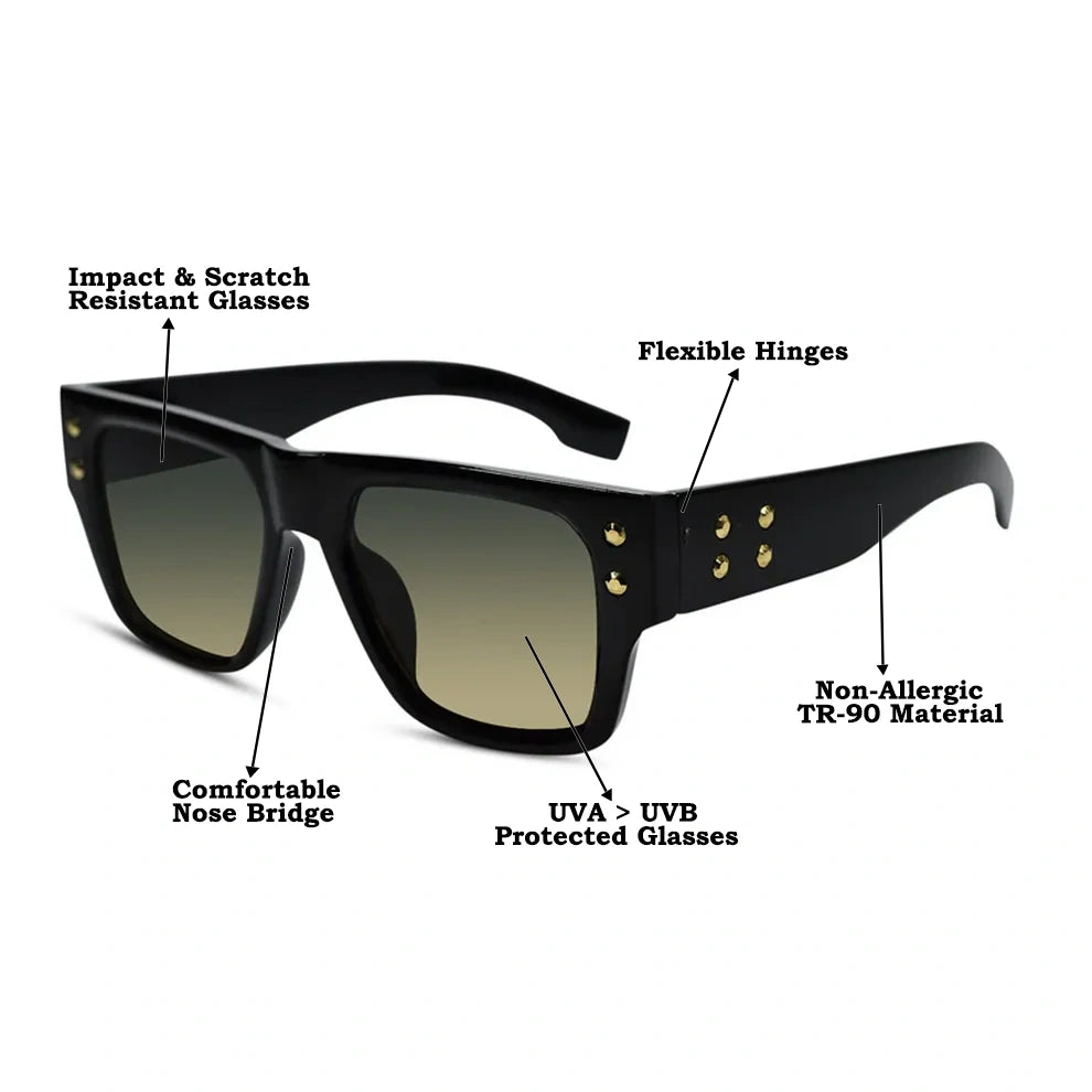Stylish Bold Black with Green Tint Rectangular Sunglasses For Men LKS9145-BLK