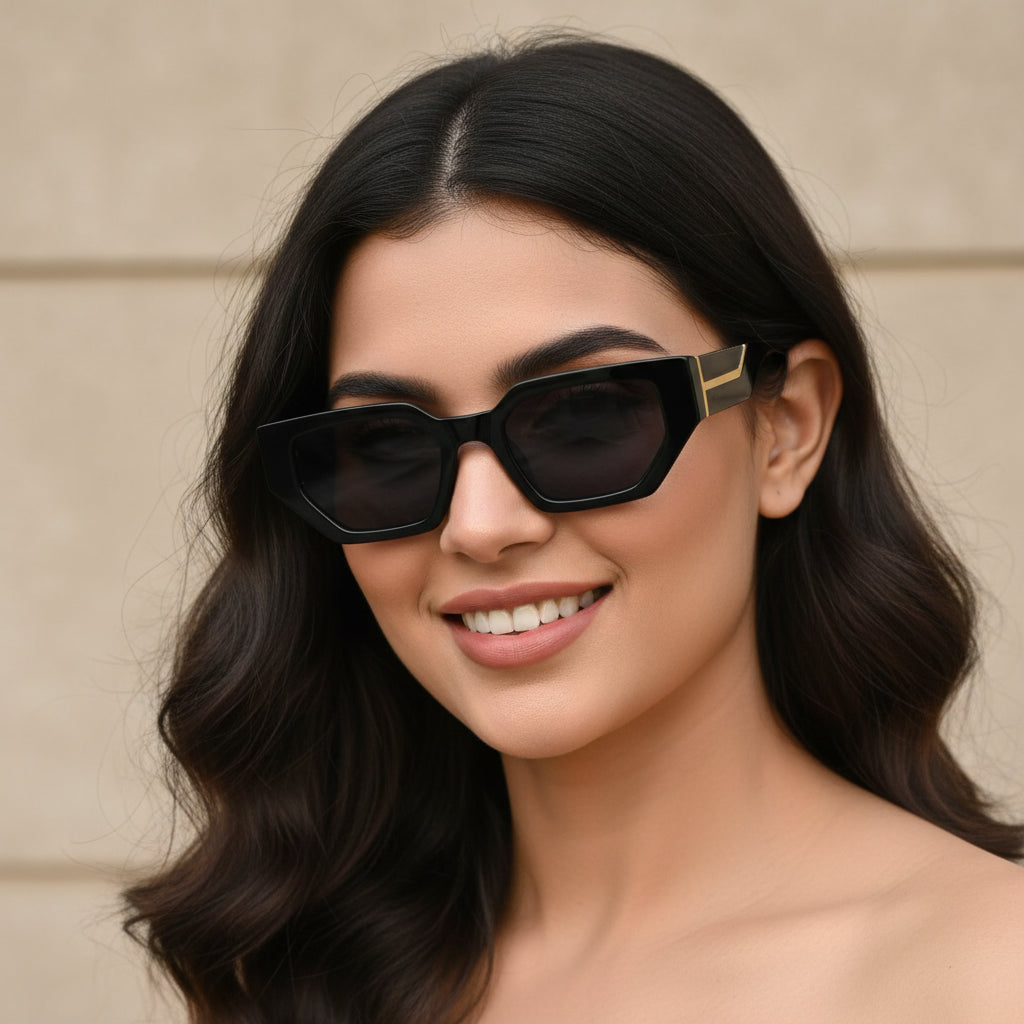 Stylish Bold Rectangular Cateye Sunglasses For Women- ELS118-BLK