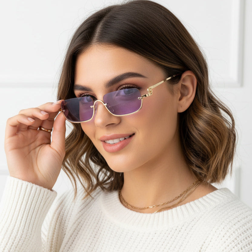 Stylish Purple Tint Rectangular Sunglasses for Men & Women ELS2026S08-PRPL GLD
