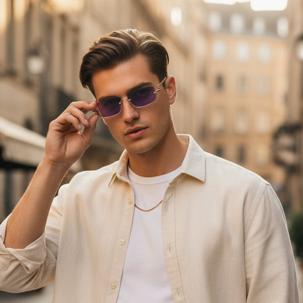Stylish Purple Tint Rectangular Sunglasses for Men & Women ELS2026S08-PRPL GLD
