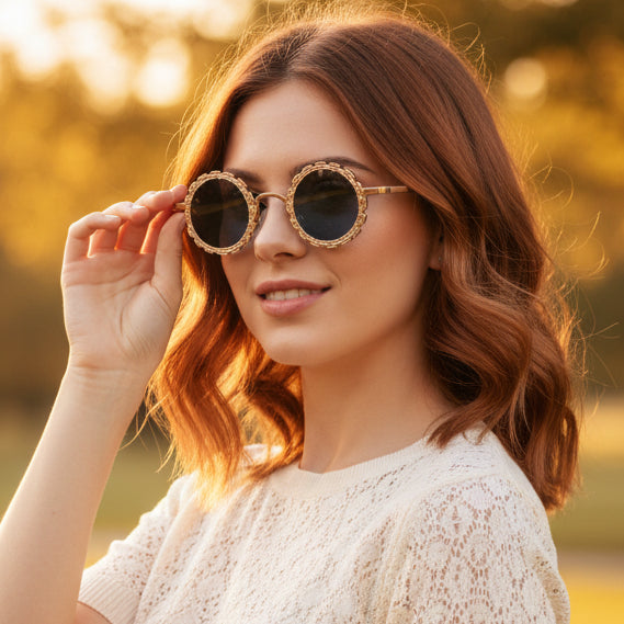 Stylish Round Metal Sunglasses For Women ELS2026S026-Golden
