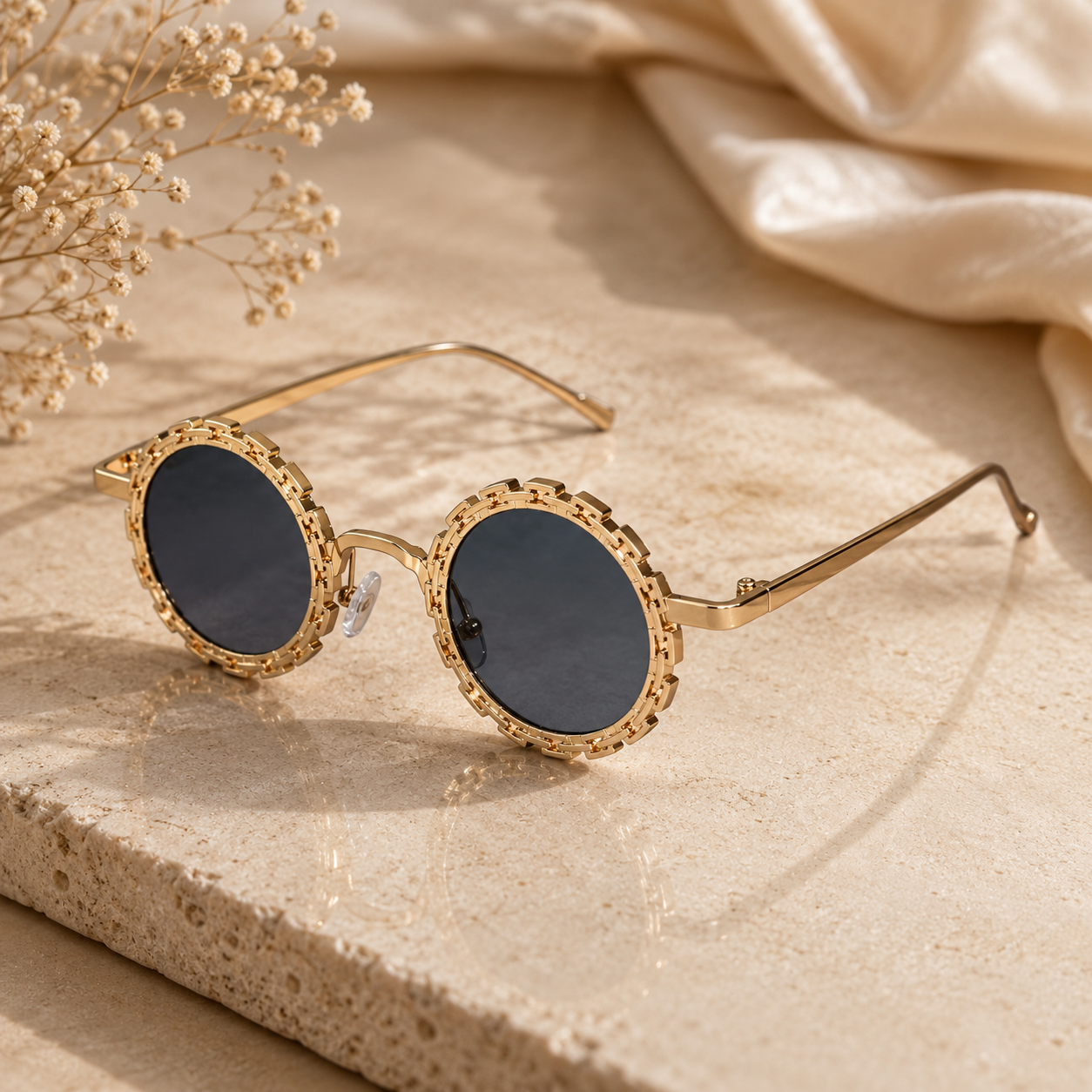 Stylish Round Metal Sunglasses For Women ELS2026S026-Golden