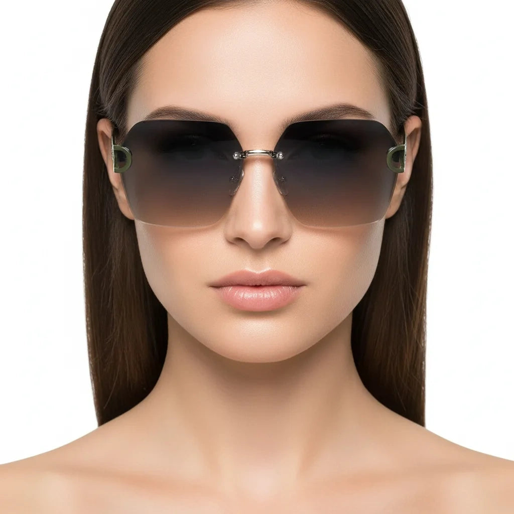 SunEdge | Oversize Hexagonal Rimless Green Sunglasses For Women ELS8111-GRN