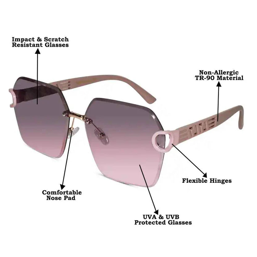 SunEdge | Oversize Hexagonal Rimless Pink Sunglasses For Women ELS8111-PNK