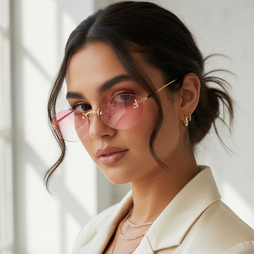 Trendy Rimless Oval Pink Sunglasses for Women-ELS3018-PINK