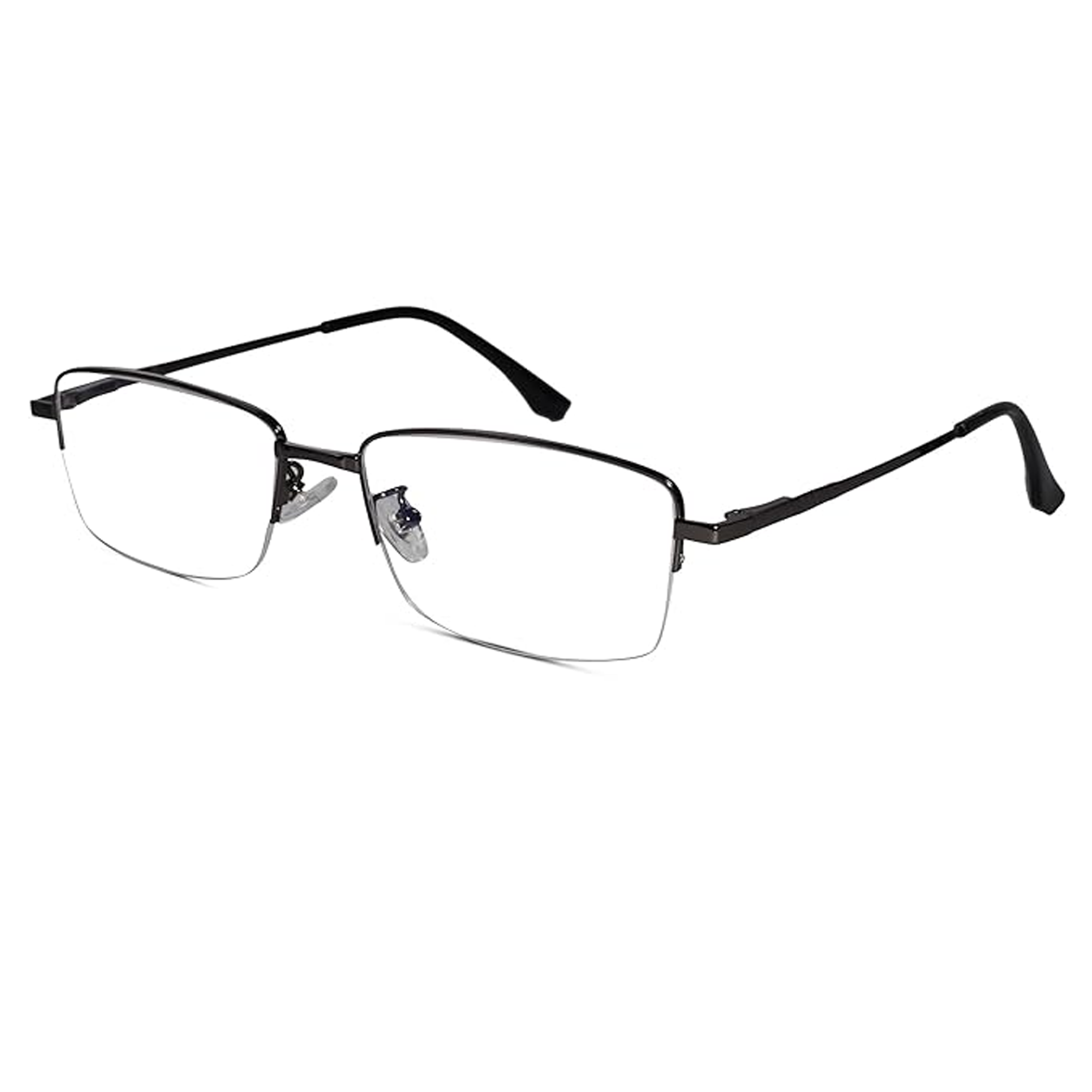 Get Gunmetal half rim computer glasses with sleek metal frames. Stylish blue light blocking eyewear for work, study, and daily relief.